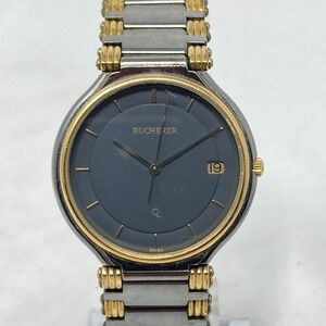 Bucherer Q Watch Men 31mm Silver Gold Tone Swiss Date Gray Dial New Batter 7.25"